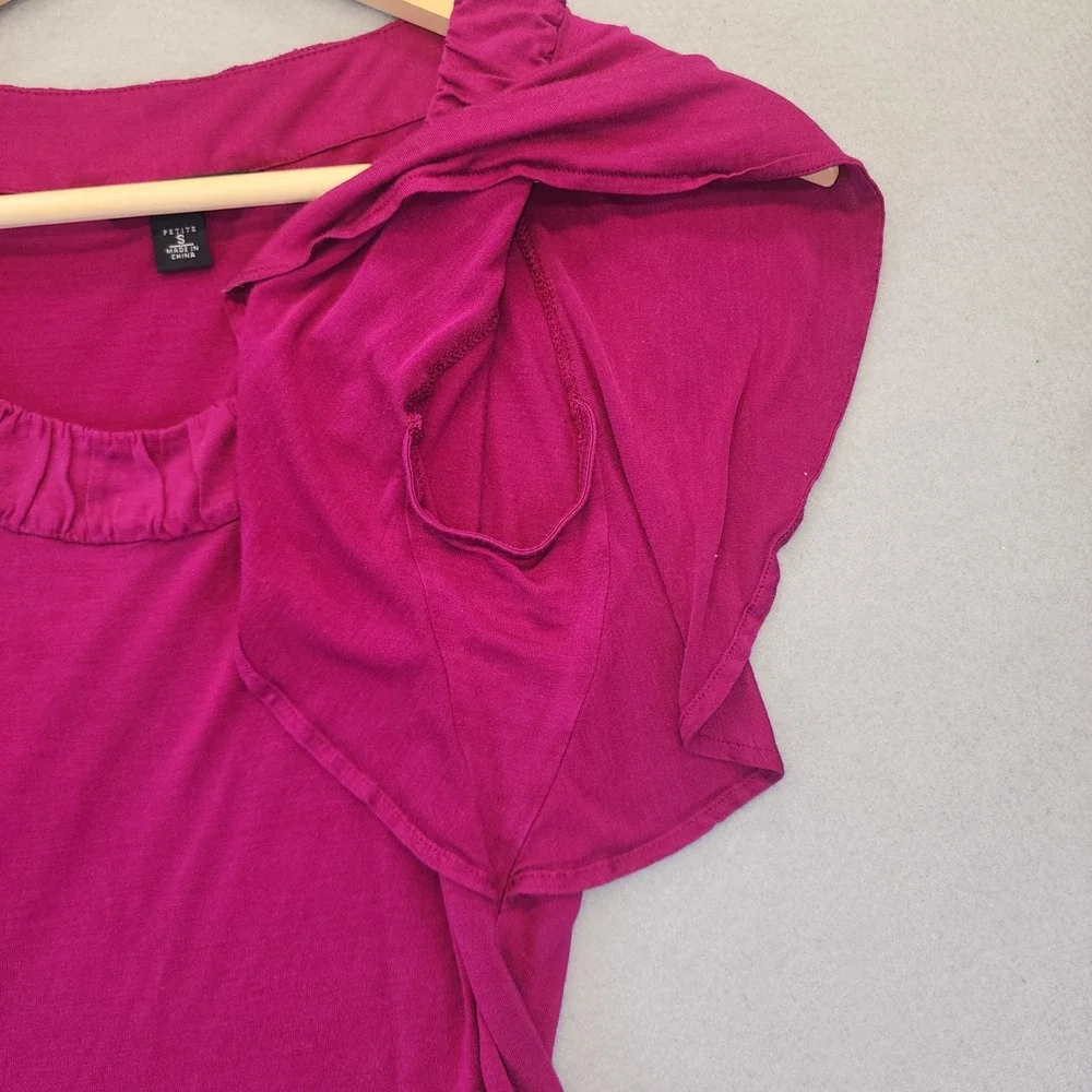 Banana Republic Magenta Silk Blend Flutter Sleeve Ruffle Neck Top Petite Small - Picture 7 of 10